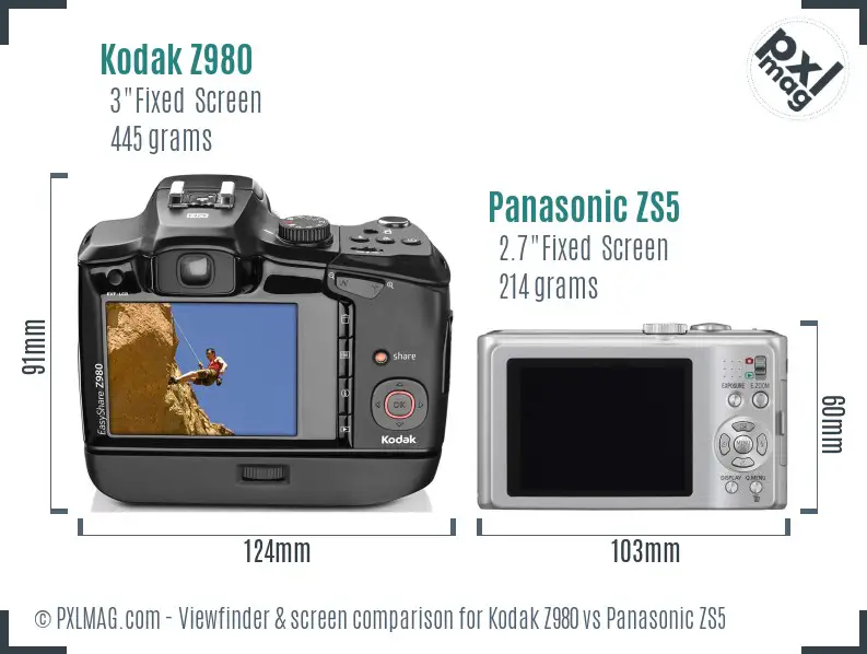 Kodak Z980 vs Panasonic ZS5 Screen and Viewfinder comparison