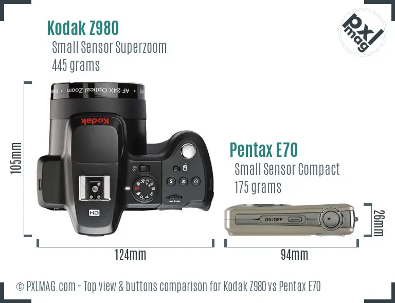 Kodak Z980 vs Pentax E70 top view buttons comparison