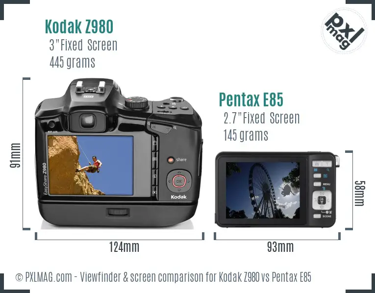 Kodak Z980 vs Pentax E85 Screen and Viewfinder comparison