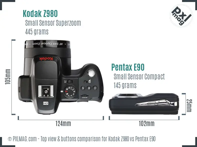 Kodak Z980 vs Pentax E90 top view buttons comparison Kodak Z980 vs Pentax E90 top view buttons comparison