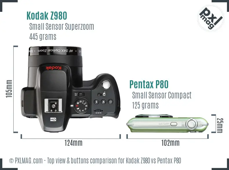 Kodak Z980 vs Pentax P80 top view buttons comparison