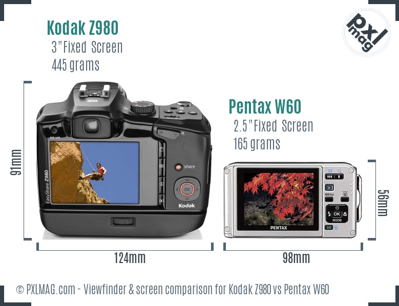 Kodak Z980 vs Pentax W60 Screen and Viewfinder comparison