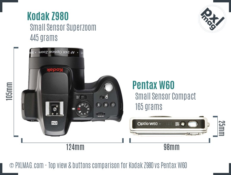 Kodak Z980 vs Pentax W60 top view buttons comparison