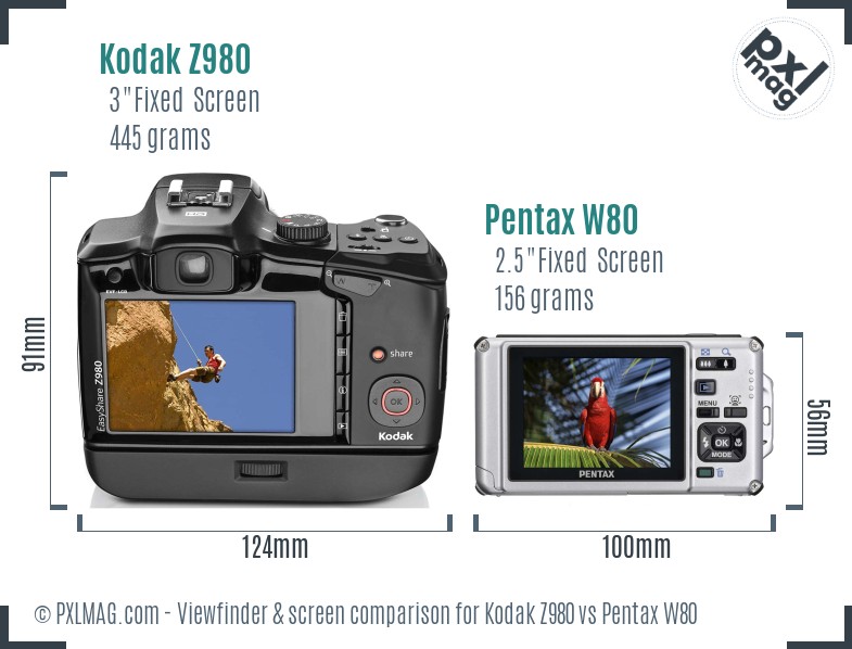 Kodak Z980 vs Pentax W80 Screen and Viewfinder comparison