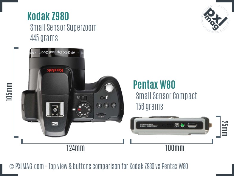 Kodak Z980 vs Pentax W80 top view buttons comparison