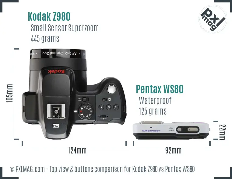 Kodak Z980 vs Pentax WS80 top view buttons comparison