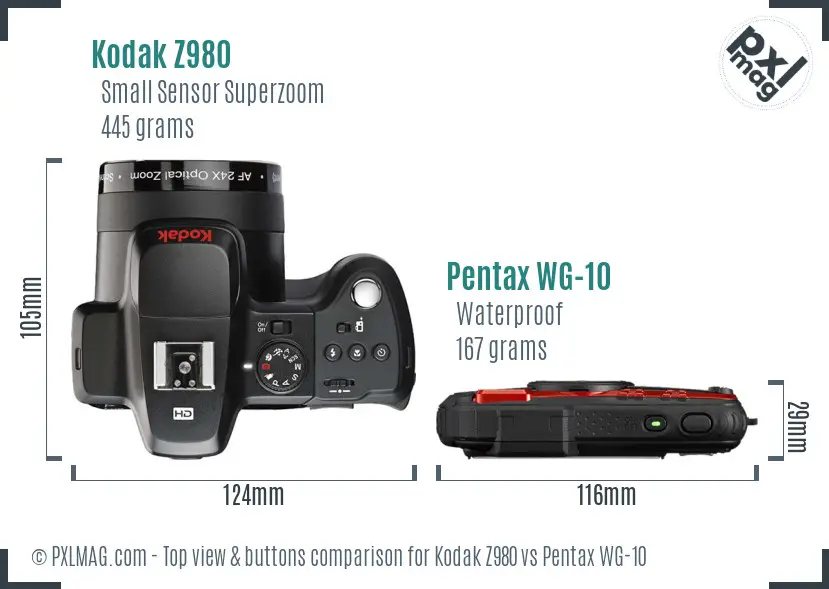 Kodak Z980 vs Pentax WG-10 top view buttons comparison Kodak Z980 vs Pentax WG-10 top view buttons comparison