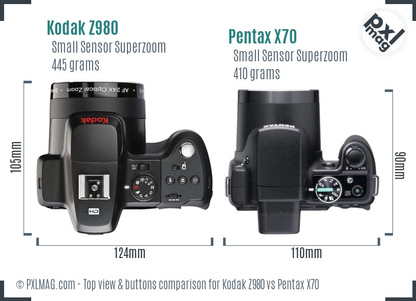 Kodak Z980 vs Pentax X70 top view buttons comparison