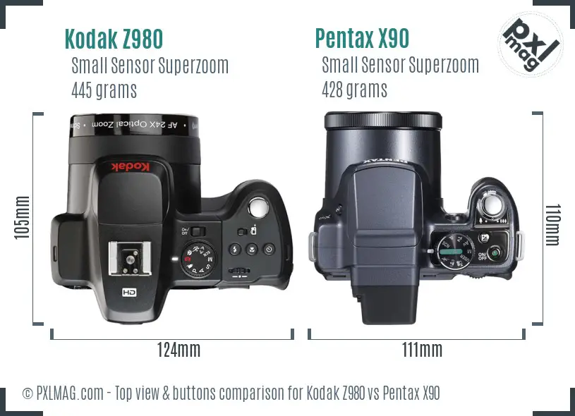 Kodak Z980 vs Pentax X90 top view buttons comparison