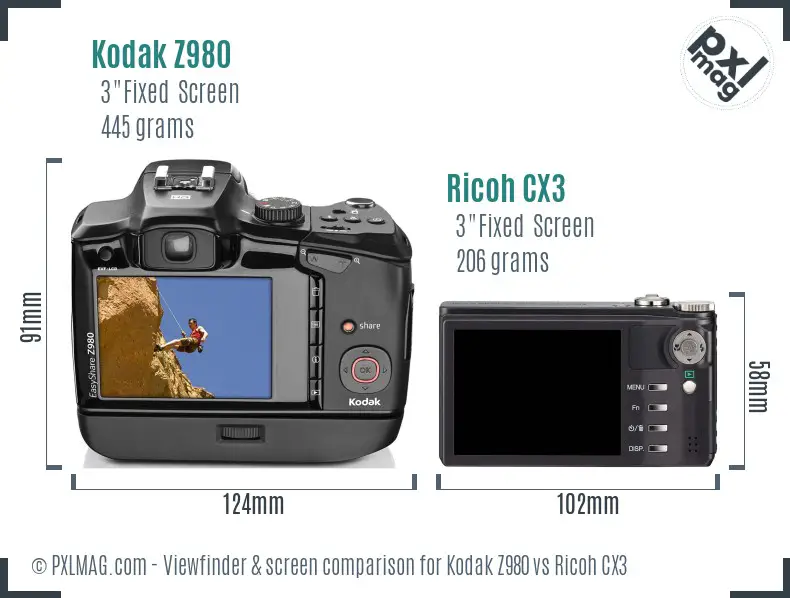 Kodak Z980 vs Ricoh CX3 Screen and Viewfinder comparison