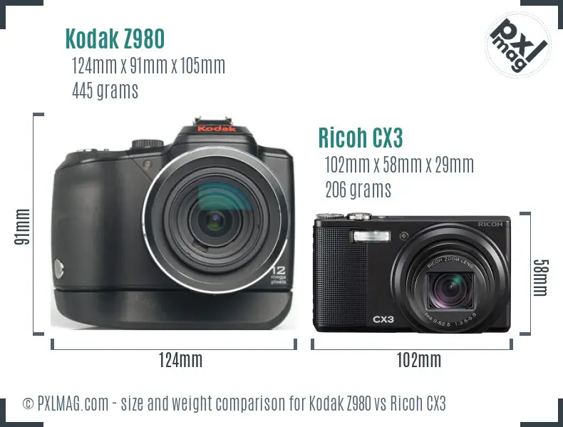 Kodak Z980 vs Ricoh CX3 size comparison