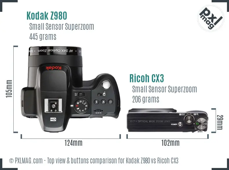 Kodak Z980 vs Ricoh CX3 top view buttons comparison