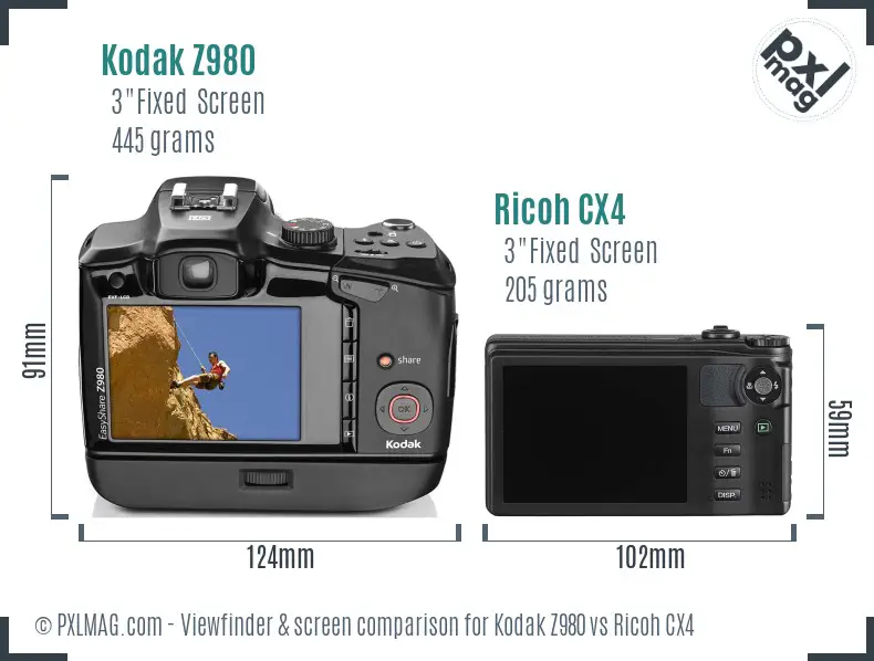 Kodak Z980 vs Ricoh CX4 Screen and Viewfinder comparison