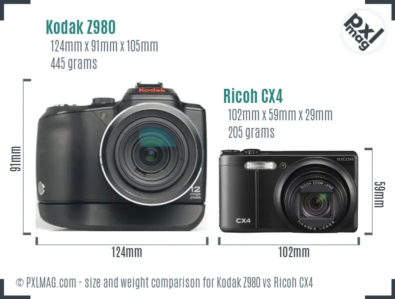 Kodak Z980 vs Ricoh CX4 size comparison