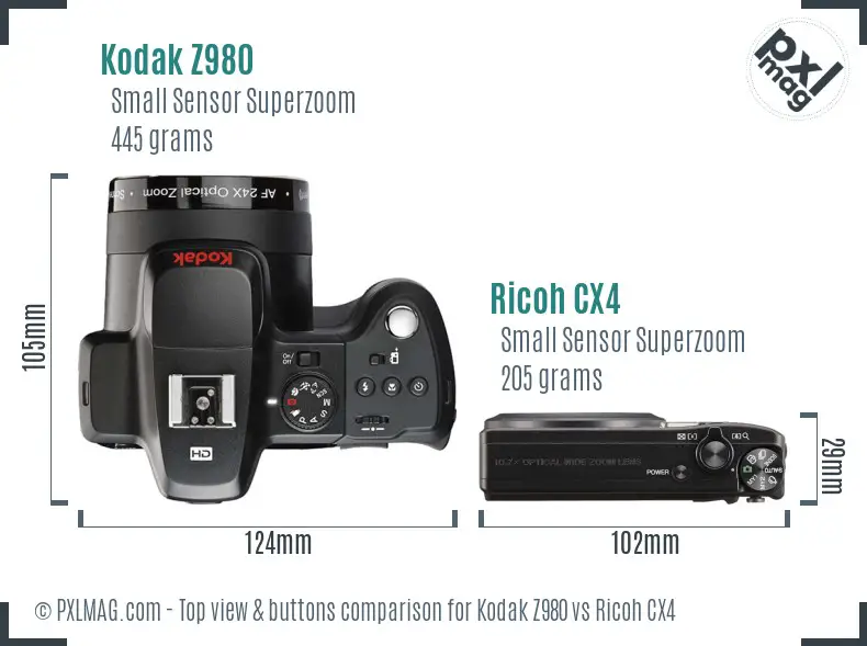 Kodak Z980 vs Ricoh CX4 top view buttons comparison