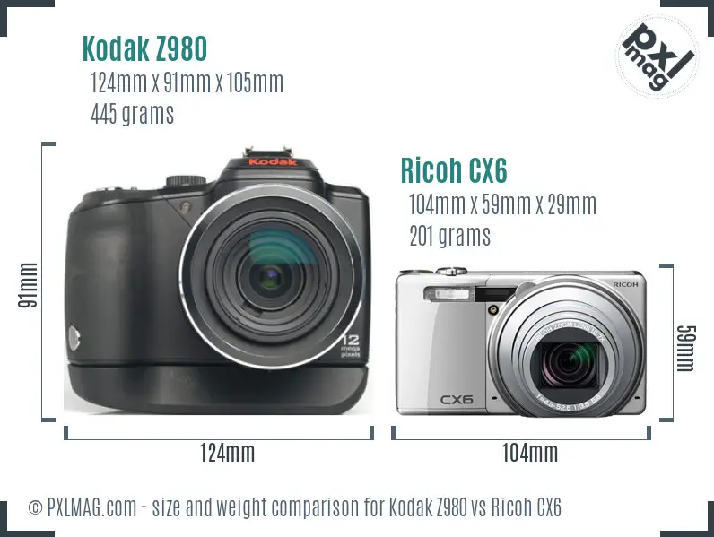 Kodak Z980 vs Ricoh CX6 size comparison