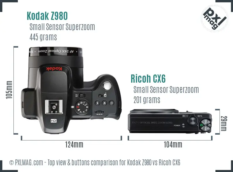 Kodak Z980 vs Ricoh CX6 top view buttons comparison