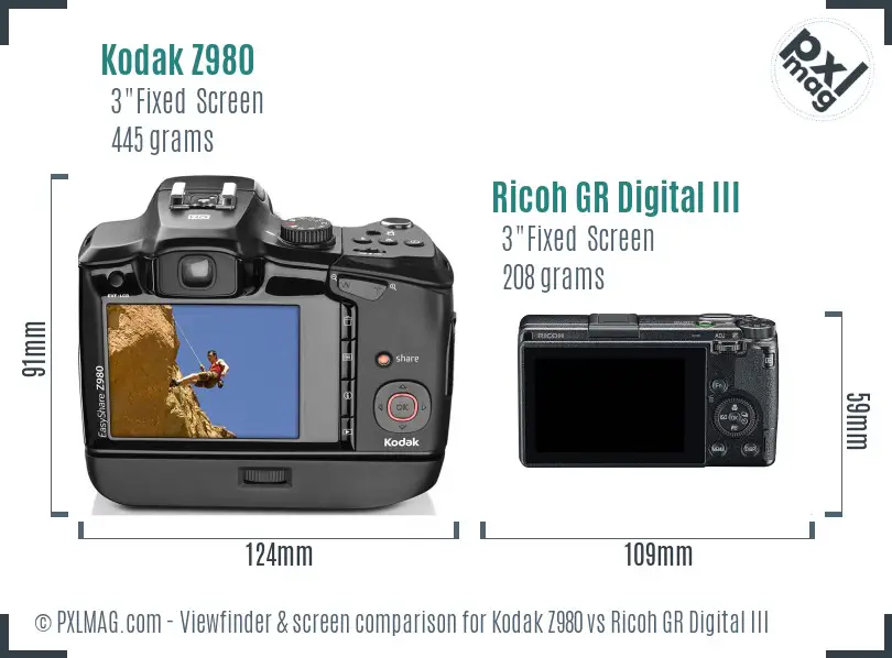 Kodak Z980 vs Ricoh GR Digital III Screen and Viewfinder comparison