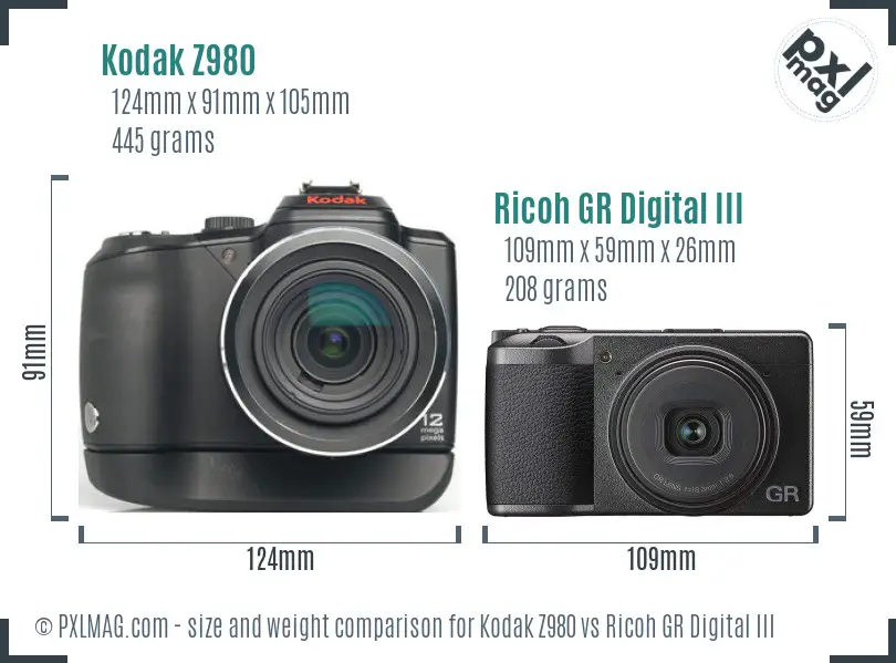 Kodak Z980 vs Ricoh GR Digital III size comparison