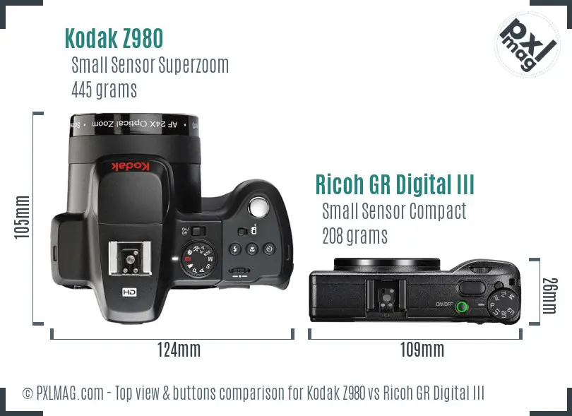 Kodak Z980 vs Ricoh GR Digital III top view buttons comparison