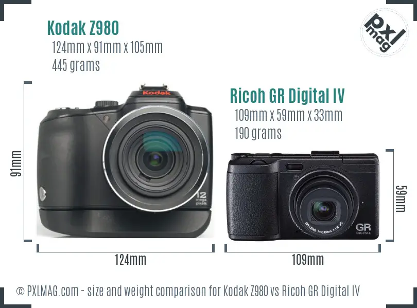 Kodak Z980 vs Ricoh GR Digital IV size comparison