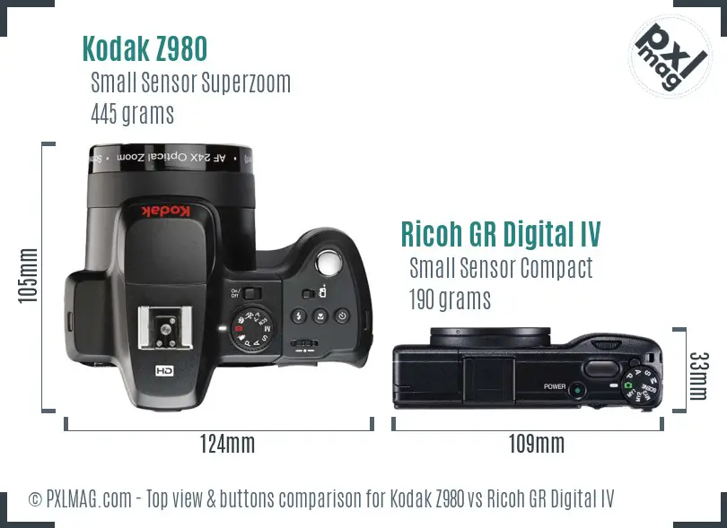 Kodak Z980 vs Ricoh GR Digital IV top view buttons comparison