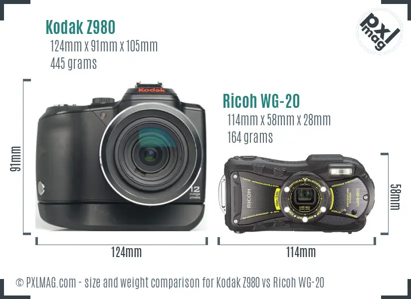 Kodak Z980 vs Ricoh WG-20 size comparison