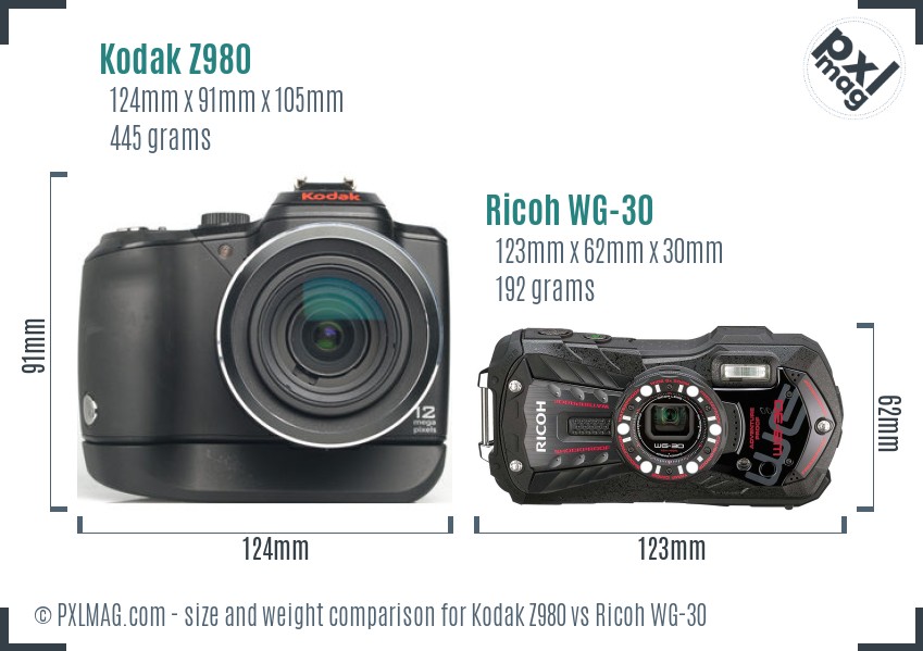 Kodak Z980 vs Ricoh WG-30 size comparison