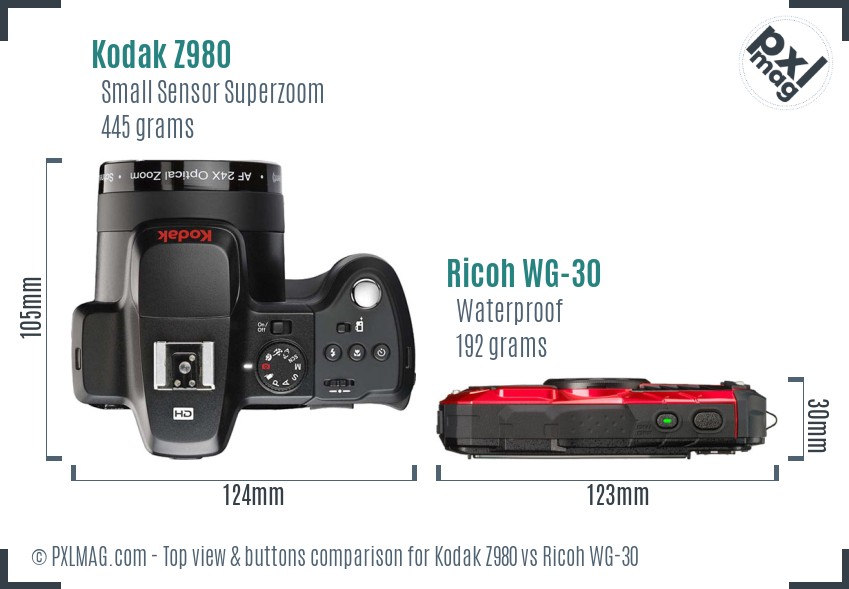 Kodak Z980 vs Ricoh WG-30 top view buttons comparison