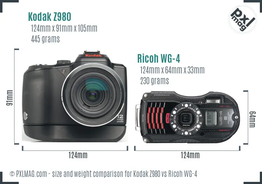 Kodak Z980 vs Ricoh WG-4 size comparison