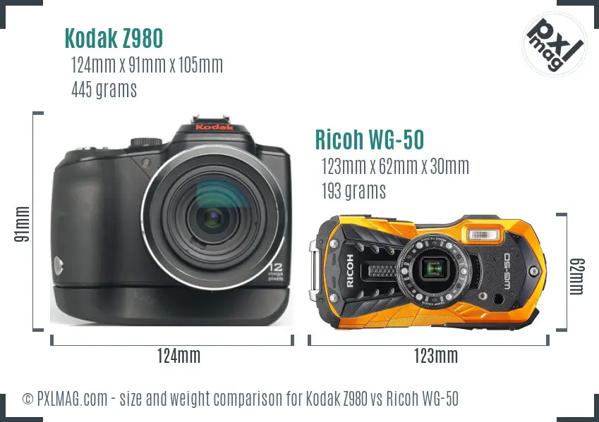 Kodak Z980 vs Ricoh WG-50 size comparison