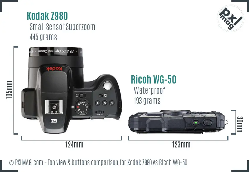 Kodak Z980 vs Ricoh WG-50 top view buttons comparison