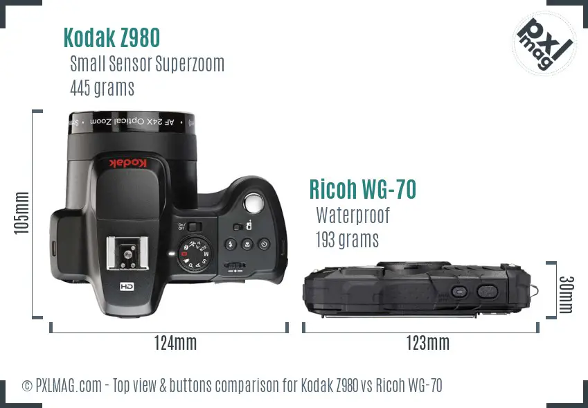 Kodak Z980 vs Ricoh WG-70 top view buttons comparison Kodak Z980 vs Ricoh WG-70 top view buttons comparison