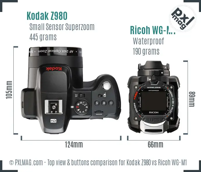 Kodak Z980 vs Ricoh WG-M1 top view buttons comparison