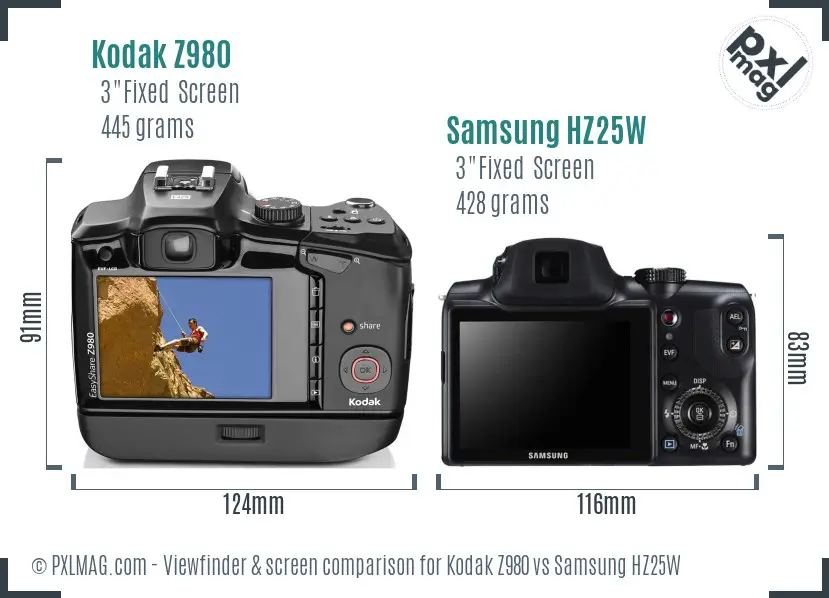 Kodak Z980 vs Samsung HZ25W Screen and Viewfinder comparison