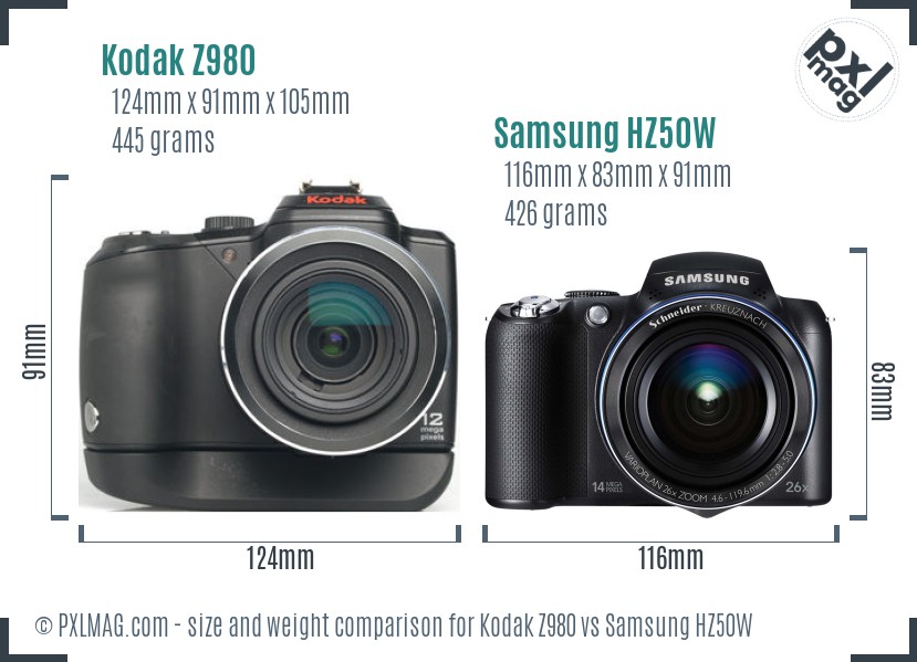 Kodak Z980 vs Samsung HZ50W size comparison