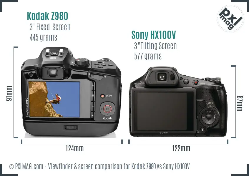 Kodak Z980 vs Sony HX100V Screen and Viewfinder comparison