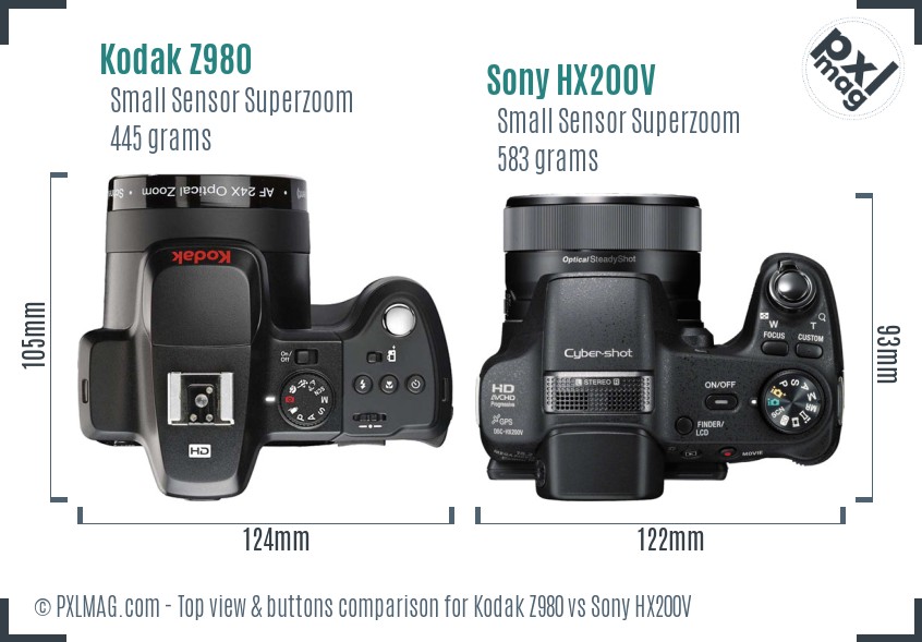 Kodak Z980 vs Sony HX200V top view buttons comparison