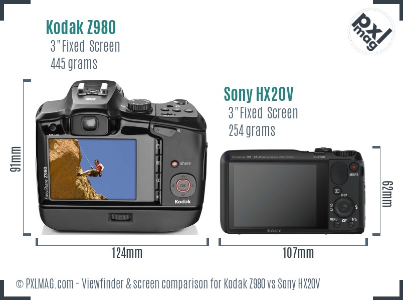 Kodak Z980 vs Sony HX20V Screen and Viewfinder comparison