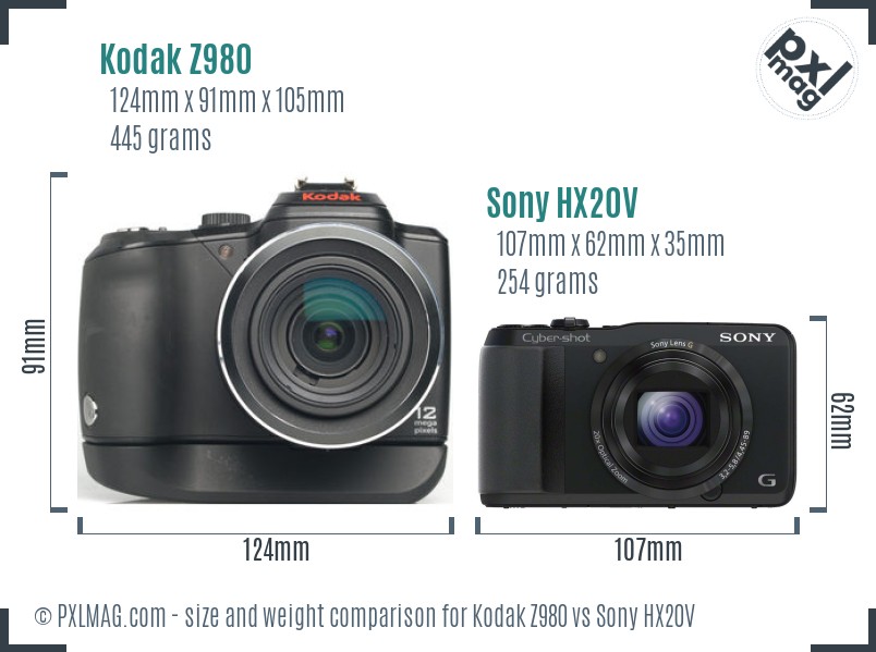 Kodak Z980 vs Sony HX20V size comparison
