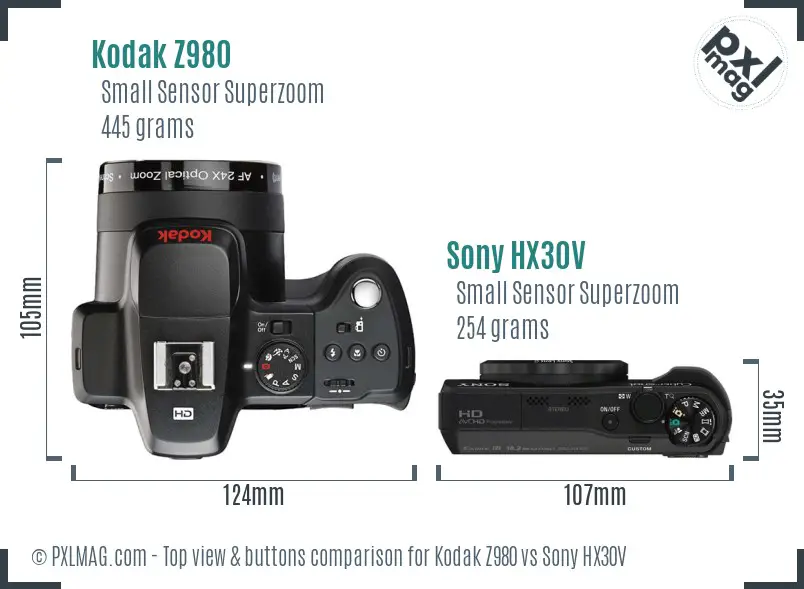 Kodak Z980 vs Sony HX30V top view buttons comparison Kodak Z980 vs Sony HX30V top view buttons comparison