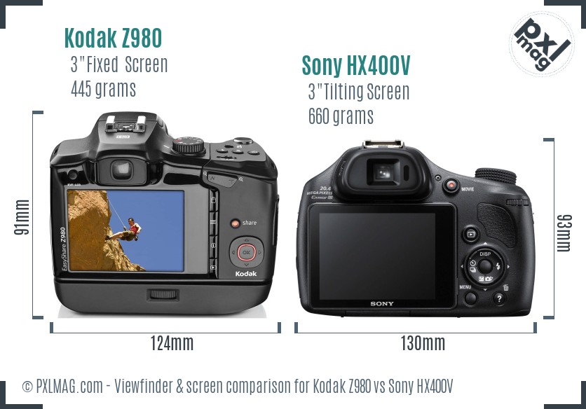 Kodak Z980 vs Sony HX400V Screen and Viewfinder comparison