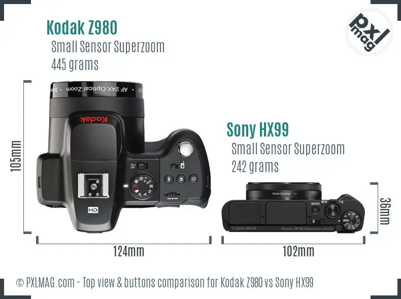 Kodak Z980 vs Sony HX99 top view buttons comparison