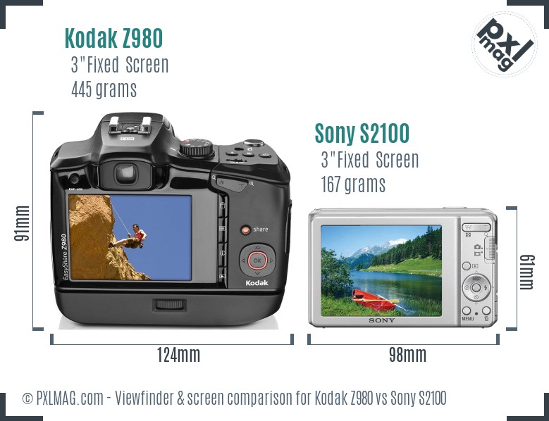 Kodak Z980 vs Sony S2100 Screen and Viewfinder comparison