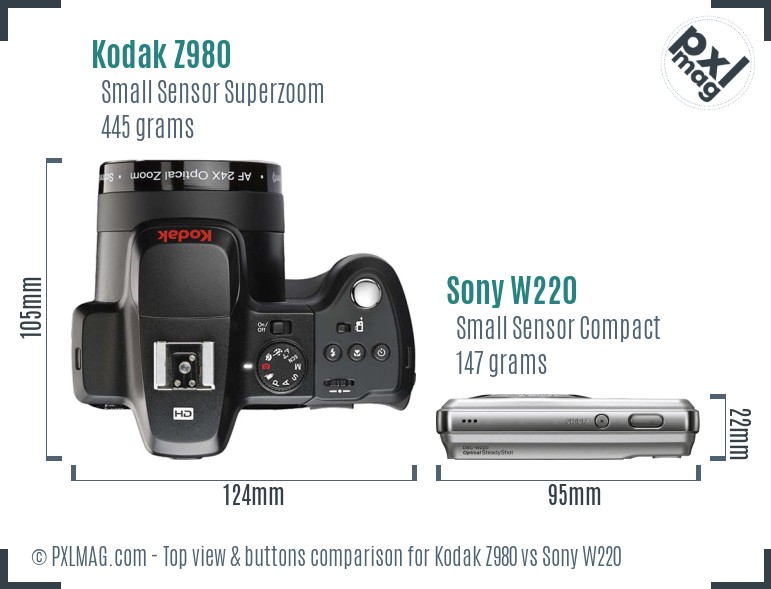 Kodak Z980 vs Sony W220 top view buttons comparison