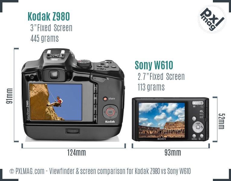 Kodak Z980 vs Sony W610 Screen and Viewfinder comparison