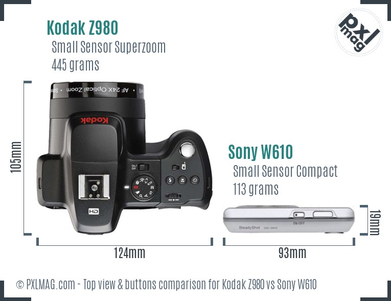 Kodak Z980 vs Sony W610 top view buttons comparison