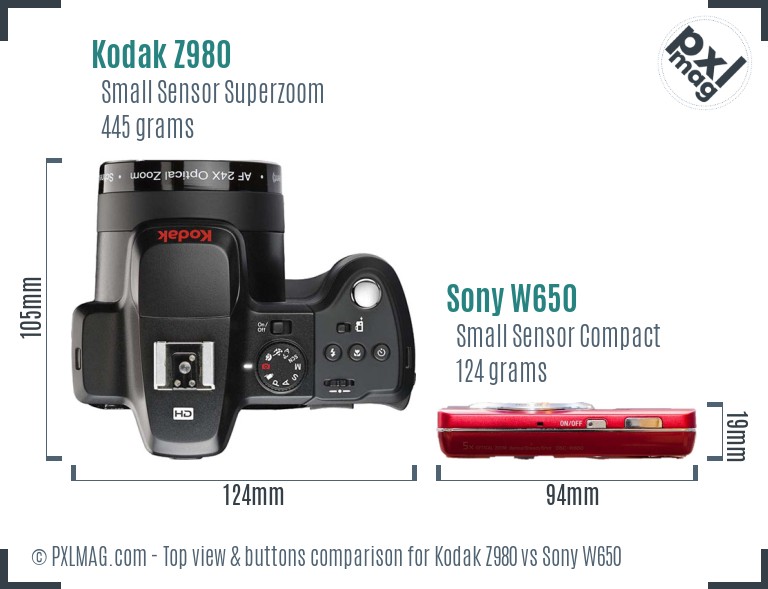 Kodak Z980 vs Sony W650 top view buttons comparison