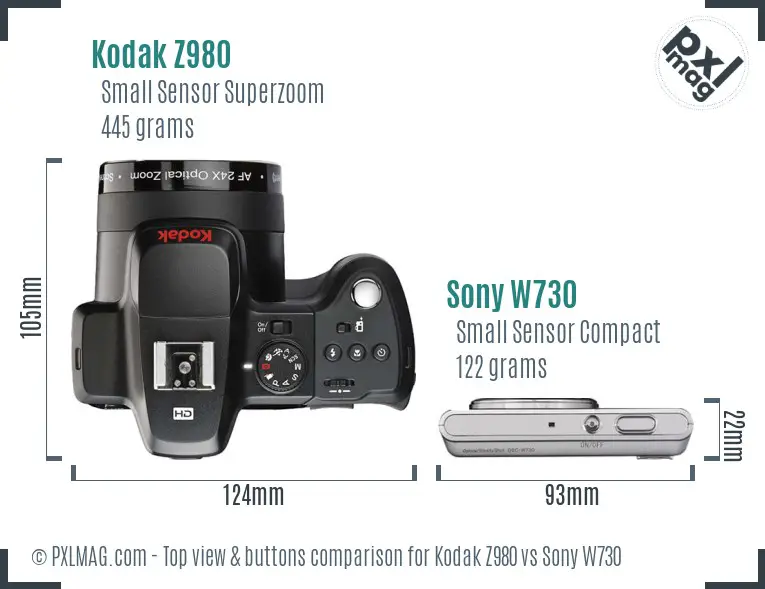 Kodak Z980 vs Sony W730 top view buttons comparison