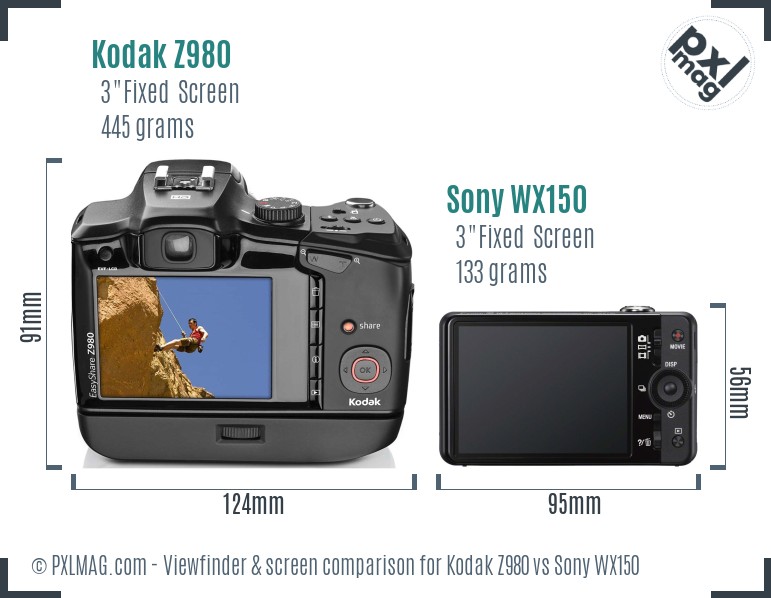 Kodak Z980 vs Sony WX150 Screen and Viewfinder comparison